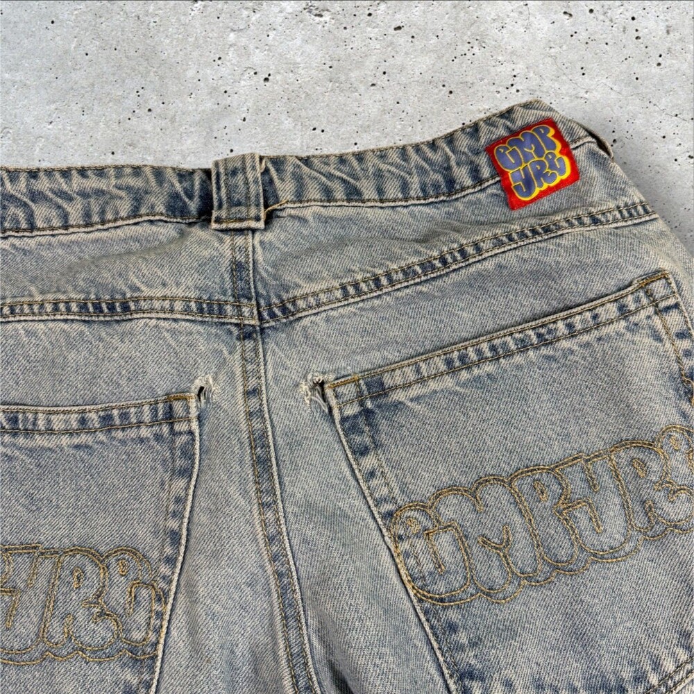 Empyre Light Wash Baggy Skate Jeans Mens 30 Y2K Loose Fit Blue Embroidered Logo - Picture 9 of 10